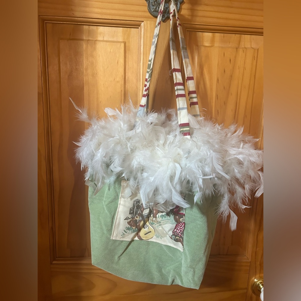 Green and White Feather-Trimmed Tote Bag